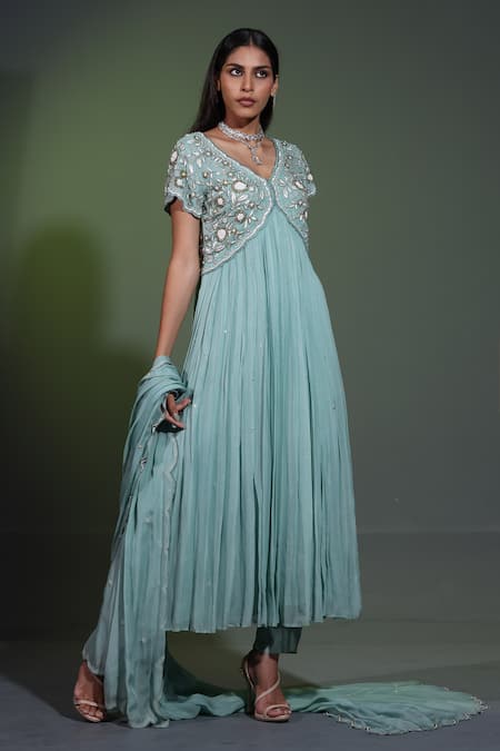 Buy_Shweta Dabas_Blue Organza, Crepe, Georgette Cut Work, Pearls, Cutdana Bloom Anarkali Set _Online_at_Aza_Fashions