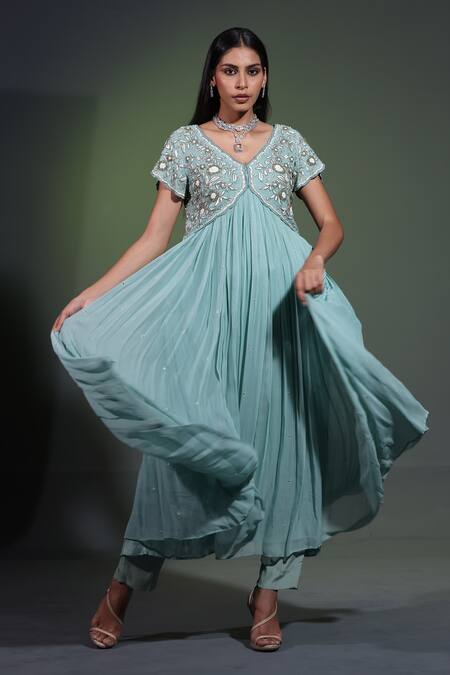 Shweta Dabas_Blue Organza, Crepe, Georgette Cut Work, Pearls, Cutdana Bloom Anarkali Set _at_Aza_Fashions