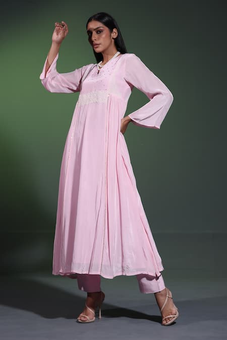 Buy_Shweta Dabas_Pink Organza, Crepe Pearls, Sequins, Embroidery V-neck Anarkali Set _Online_at_Aza_Fashions