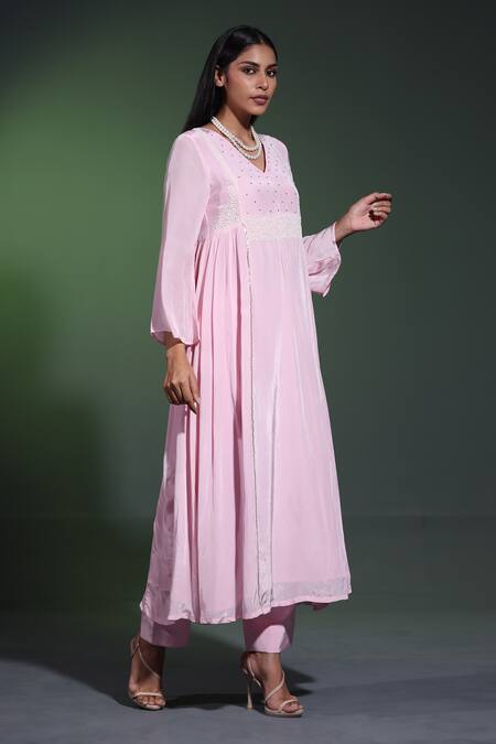 Shop_Shweta Dabas_Pink Organza, Crepe Pearls, Sequins, Embroidery V-neck Anarkali Set _Online_at_Aza_Fashions