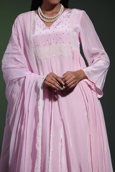 Buy_Shweta Dabas_Pink Organza, Crepe Pearls, Sequins, Embroidery V-neck Anarkali Set 