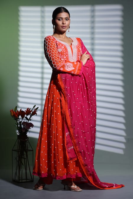 Shweta Dabas_Orange Cotton Pearls, Cut Work Chikankari And Embroidered Anarkali Set _Online_at_Aza_Fashions