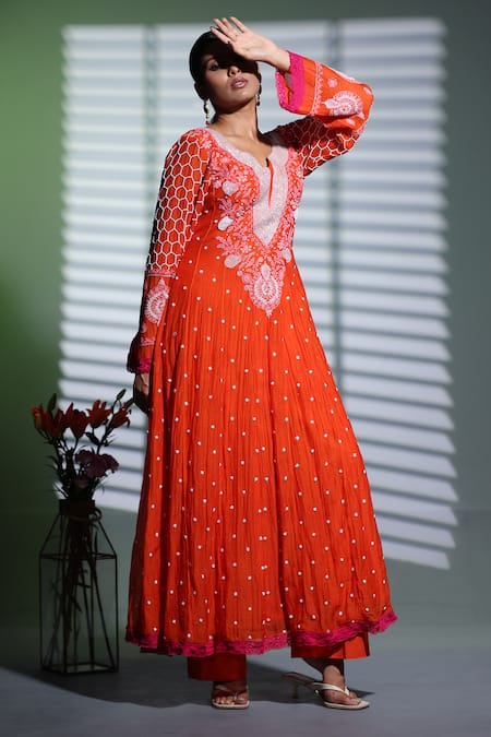 Buy_Shweta Dabas_Orange Cotton Pearls, Cut Work Chikankari And Embroidered Anarkali Set _Online_at_Aza_Fashions