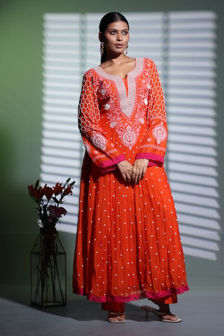 Shop_Shweta Dabas_Orange Cotton Pearls, Cut Work Chikankari And Embroidered Anarkali Set _Online_at_Aza_Fashions