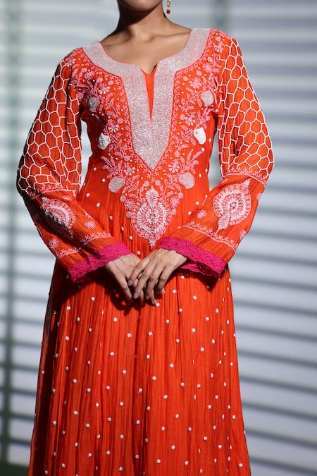 Shweta Dabas_Orange Cotton Pearls, Cut Work Chikankari And Embroidered Anarkali Set _at_Aza_Fashions