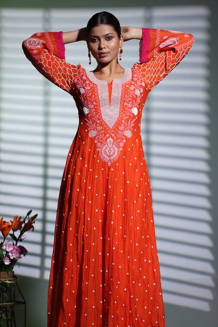 Buy_Shweta Dabas_Orange Cotton Pearls, Cut Work Chikankari And Embroidered Anarkali Set 