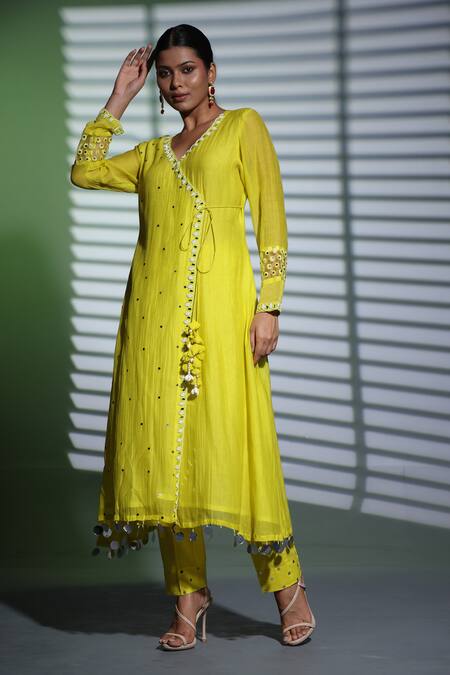 Shop_Shweta Dabas_Green Silk Organza, Cotton, Muslin Pearls, Sequins Embroidered Angarkha Set _Online_at_Aza_Fashions