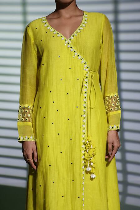 Shweta Dabas_Green Silk Organza, Cotton, Muslin Pearls, Sequins Embroidered Angarkha Set _at_Aza_Fashions