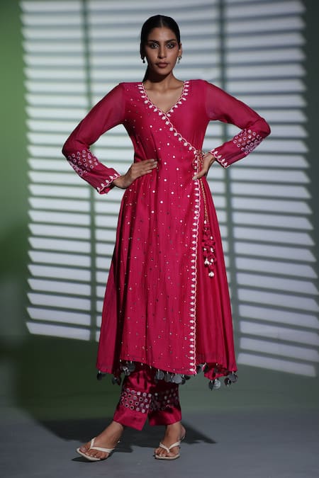 Shweta Dabas_Pink Silk Organza, Muslin Pearls, Sequins Embroidered Angarkha Kurta Pant Set _Online_at_Aza_Fashions