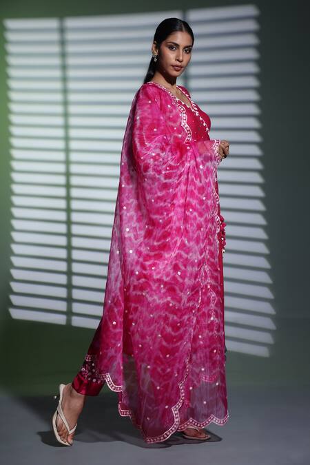Buy_Shweta Dabas_Pink Silk Organza, Muslin Pearls, Sequins Embroidered Angarkha Kurta Pant Set _Online_at_Aza_Fashions