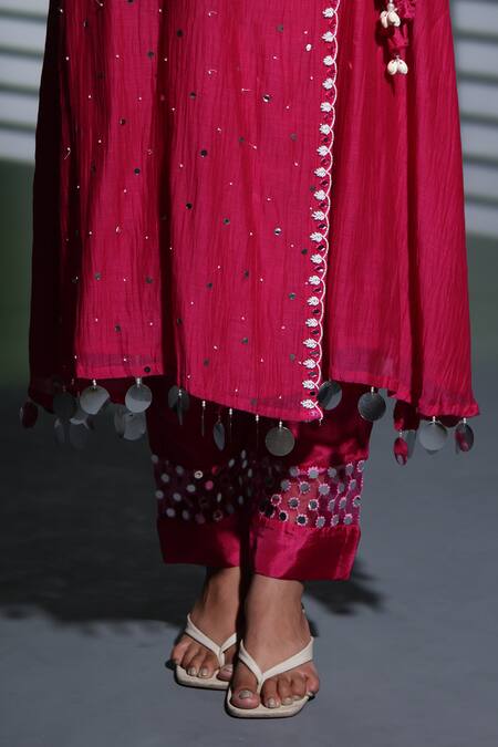 Shop_Shweta Dabas_Pink Silk Organza, Muslin Pearls, Sequins Embroidered Angarkha Kurta Pant Set _Online_at_Aza_Fashions
