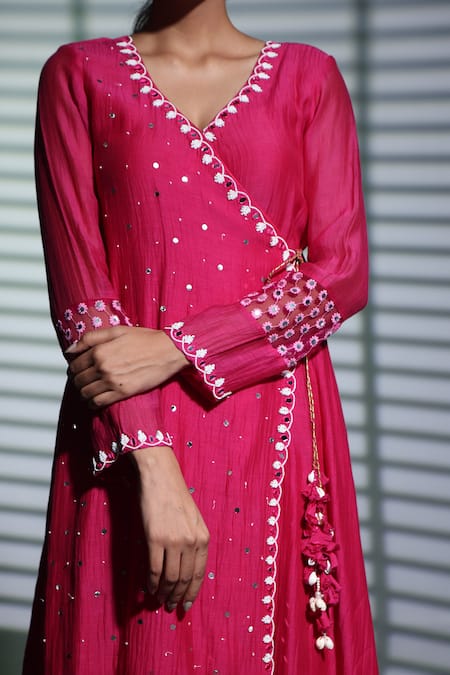 Shweta Dabas_Pink Silk Organza, Muslin Pearls, Sequins Embroidered Angarkha Kurta Pant Set _at_Aza_Fashions