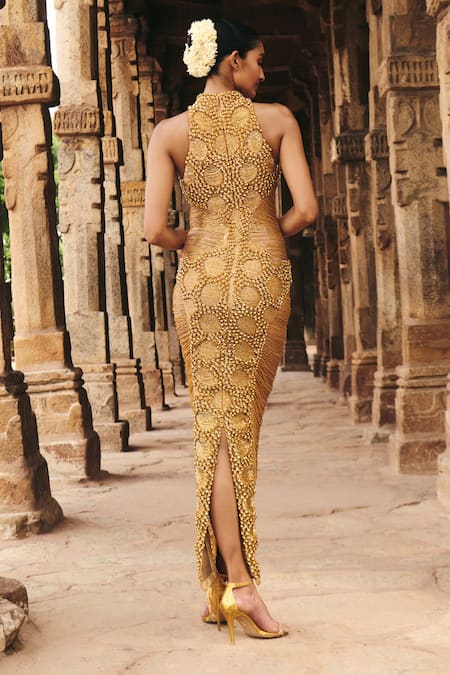 Shop_Itrh_Gold Net, Taffeta Stones, Fringe Round Neck Embroidered Maxi Dress_at_Aza_Fashions