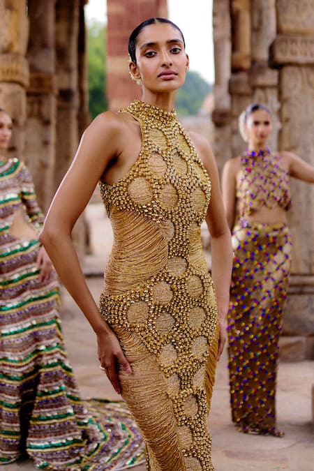 Itrh_Gold Net, Taffeta Stones, Fringe Round Neck Embroidered Maxi Dress_Online_at_Aza_Fashions