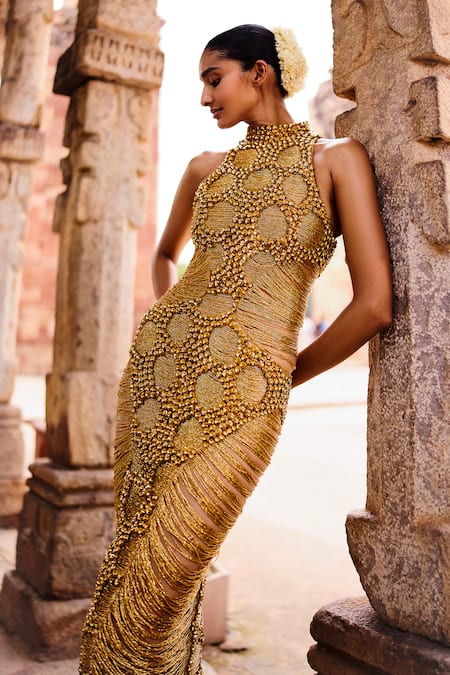 Buy_Itrh_Gold Net, Taffeta Stones, Fringe Round Neck Embroidered Maxi Dress_Online_at_Aza_Fashions