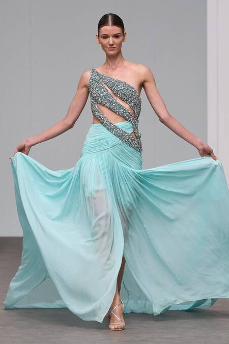 Shop_Itrh_Blue Chiffon, Viscose Crystals One Shoulder Embroidered Asymmetric Dress_at_Aza_Fashions