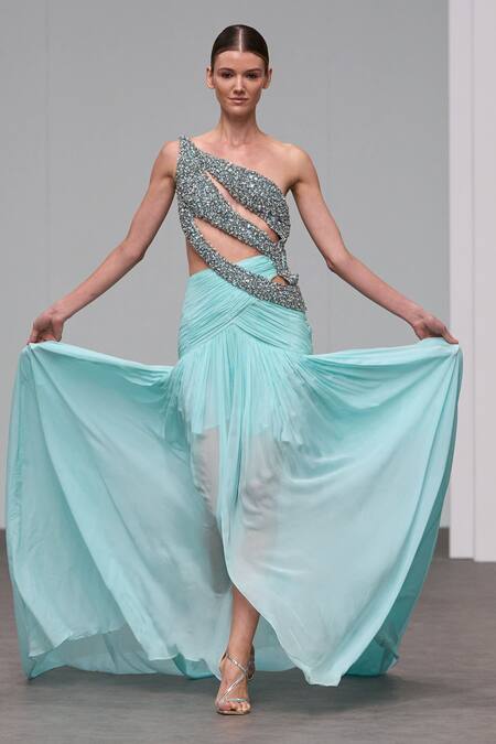 Shop_Itrh_Blue Chiffon, Viscose Crystals One Shoulder Embroidered Asymmetric Dress_Online_at_Aza_Fashions