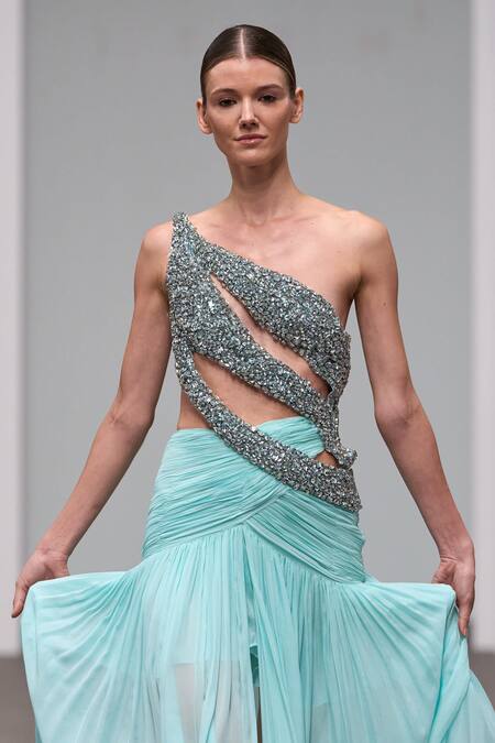 Itrh_Blue Chiffon, Viscose Crystals One Shoulder Embroidered Asymmetric Dress_at_Aza_Fashions