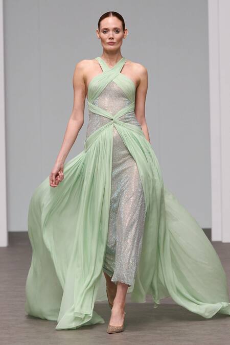 Buy Itrh Green Chiffon, Viscose Criss Cross Neck Draped Maxi Dress Online at Aza Fashions Buy_Itrh_Green Chiffon, Viscose Criss Cross Neck Draped Maxi Dress_Online_at_Aza_Fashions