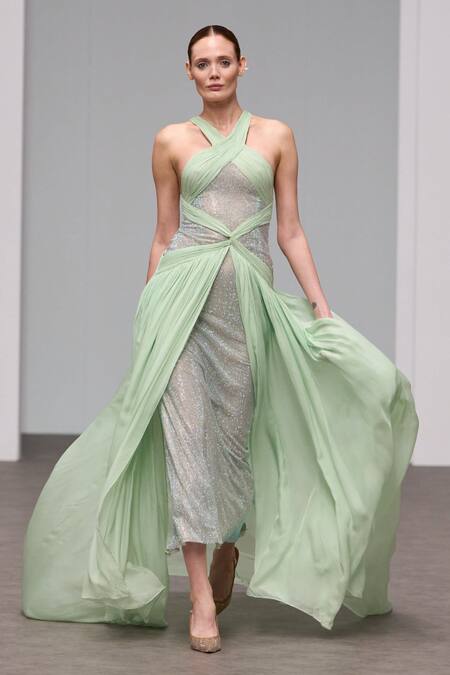 Shop Itrh Green Chiffon, Viscose Criss Cross Neck Draped Maxi Dress Online at Aza Fashions Shop_Itrh_Green Chiffon, Viscose Criss Cross Neck Draped Maxi Dress_Online_at_Aza_Fashions