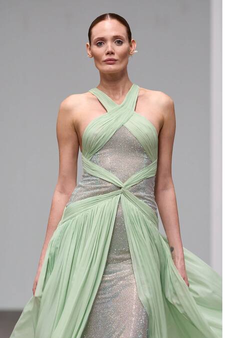 Itrh Green Chiffon, Viscose Criss Cross Neck Draped Maxi Dress at Aza Fashions Itrh_Green Chiffon, Viscose Criss Cross Neck Draped Maxi Dress_at_Aza_Fashions