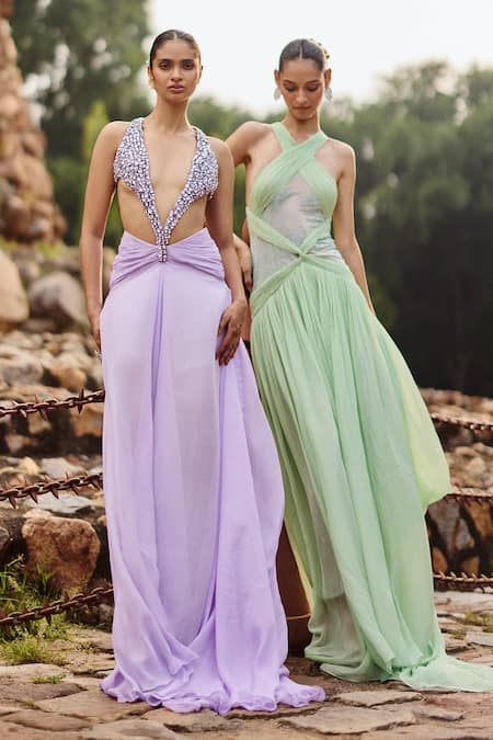 Itrh Purple Chiffon, Viscose, Taffeta Stones Plunge Neck Embellished Maxi Dress Online at Aza Fashions Itrh_Purple Chiffon, Viscose, Taffeta Stones Plunge Neck Embellished Maxi Dress_Online_at_Aza_Fashions