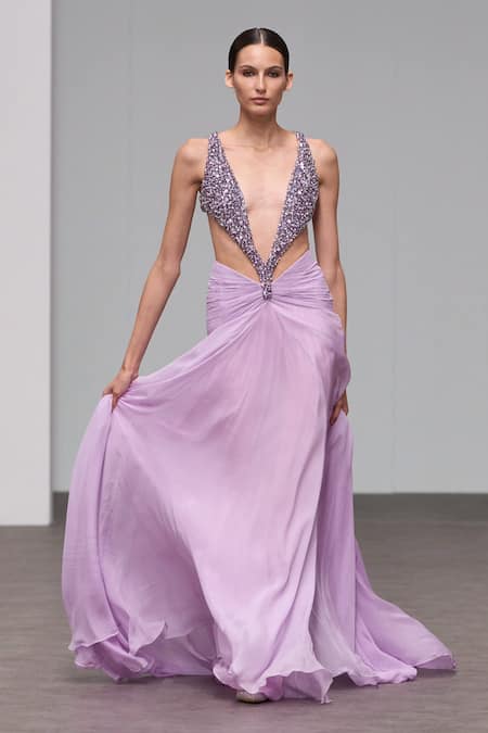 Itrh Purple Chiffon, Viscose, Taffeta Stones Plunge Neck Embellished Maxi Dress at Aza Fashions Itrh_Purple Chiffon, Viscose, Taffeta Stones Plunge Neck Embellished Maxi Dress_at_Aza_Fashions