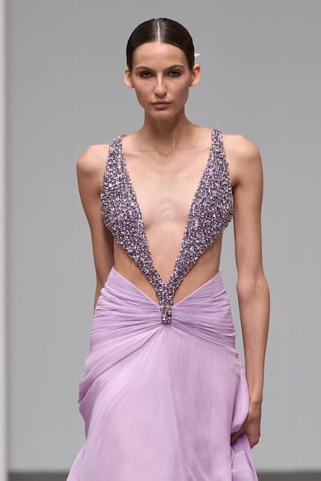 Buy Itrh Purple Chiffon, Viscose, Taffeta Stones Plunge Neck Embellished Maxi Dress Buy_Itrh_Purple Chiffon, Viscose, Taffeta Stones Plunge Neck Embellished Maxi Dress