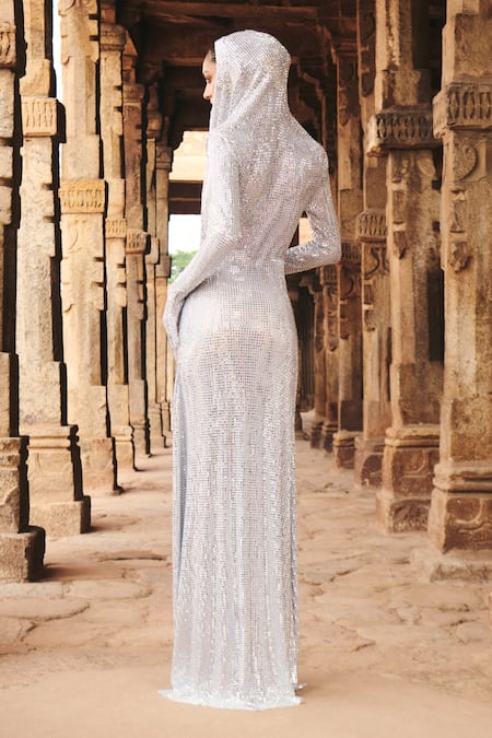Shop Itrh Silver Net Crystals Cowl Neck Embellished Draped Maxi Dress at Aza Fashions Shop_Itrh_Silver Net Crystals Cowl Neck Embellished Draped Maxi Dress _at_Aza_Fashions