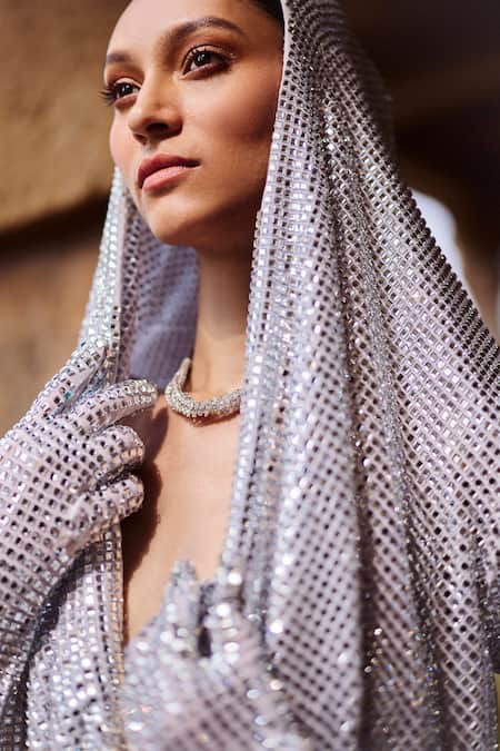 Shop Itrh Silver Net Crystals Cowl Neck Embellished Draped Maxi Dress Online at Aza Fashions Shop_Itrh_Silver Net Crystals Cowl Neck Embellished Draped Maxi Dress _Online_at_Aza_Fashions