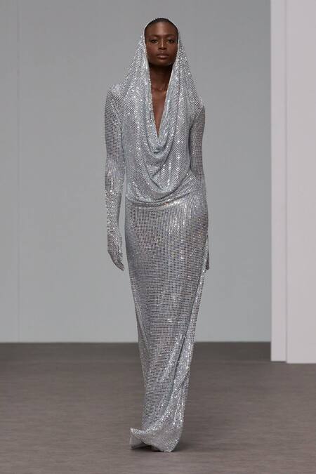Itrh Silver Net Crystals Cowl Neck Embellished Draped Maxi Dress at Aza Fashions Itrh_Silver Net Crystals Cowl Neck Embellished Draped Maxi Dress _at_Aza_Fashions