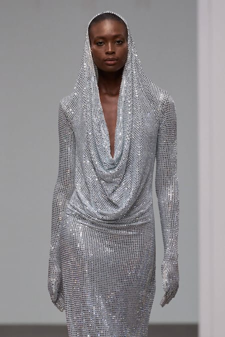 Buy Itrh Silver Net Crystals Cowl Neck Embellished Draped Maxi Dress Buy_Itrh_Silver Net Crystals Cowl Neck Embellished Draped Maxi Dress