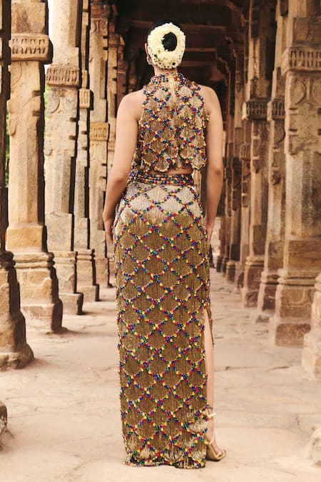 Shop Itrh Gold Taffeta Cut Work High Neck Embellished Crop Top And Skirt Set at Aza Fashions Shop_Itrh_Gold Taffeta Cut Work High Neck Embellished Crop Top And Skirt Set _at_Aza_Fashions