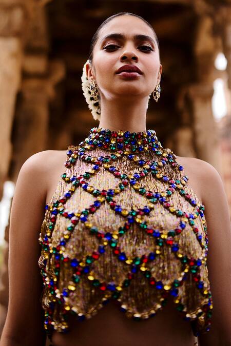 Itrh Gold Taffeta Cut Work High Neck Embellished Crop Top And Skirt Set Online at Aza Fashions Itrh_Gold Taffeta Cut Work High Neck Embellished Crop Top And Skirt Set _Online_at_Aza_Fashions