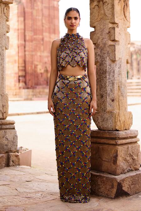 Buy Itrh Gold Taffeta Cut Work High Neck Embellished Crop Top And Skirt Set Online at Aza Fashions Buy_Itrh_Gold Taffeta Cut Work High Neck Embellished Crop Top And Skirt Set _Online_at_Aza_Fashions