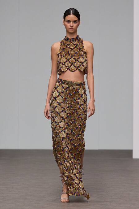 Shop Itrh Gold Taffeta Cut Work High Neck Embellished Crop Top And Skirt Set Online at Aza Fashions Shop_Itrh_Gold Taffeta Cut Work High Neck Embellished Crop Top And Skirt Set _Online_at_Aza_Fashions