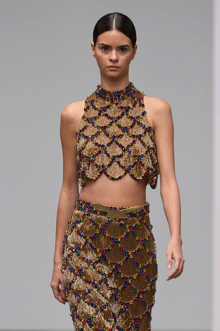 Itrh Gold Taffeta Cut Work High Neck Embellished Crop Top And Skirt Set at Aza Fashions Itrh_Gold Taffeta Cut Work High Neck Embellished Crop Top And Skirt Set _at_Aza_Fashions