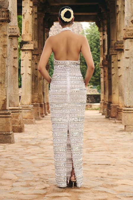 Shop Itrh Silver Net Crystals, Sequins Halter Neck Stone And Maxi Dress at Aza Fashions Shop_Itrh_Silver Net Crystals, Sequins Halter Neck Stone And Maxi Dress _at_Aza_Fashions