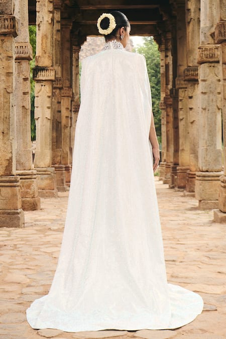 Shop Itrh Silver Net Sequins, Crystals Halter Neck Embroidered Maxi Dress And Cape at Aza Fashions Shop_Itrh_Silver Net Sequins, Crystals Halter Neck Embroidered Maxi Dress And Cape _at_Aza_Fashions