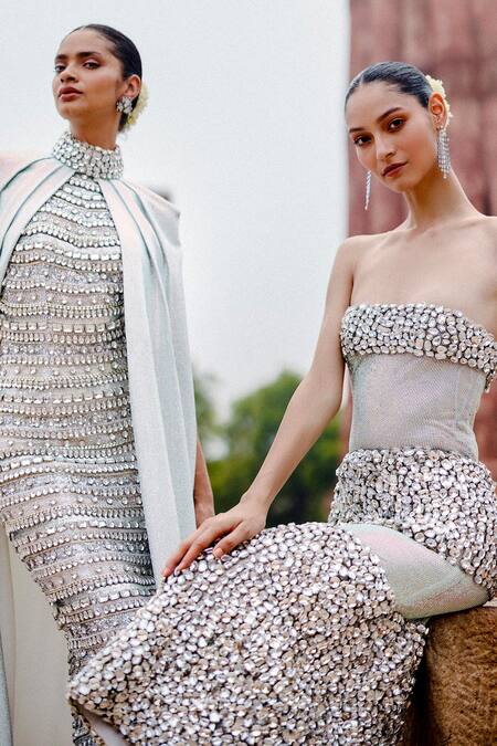 Itrh Silver Net Sequins, Crystals Halter Neck Embroidered Maxi Dress And Cape Online at Aza Fashions Itrh_Silver Net Sequins, Crystals Halter Neck Embroidered Maxi Dress And Cape _Online_at_Aza_Fashions