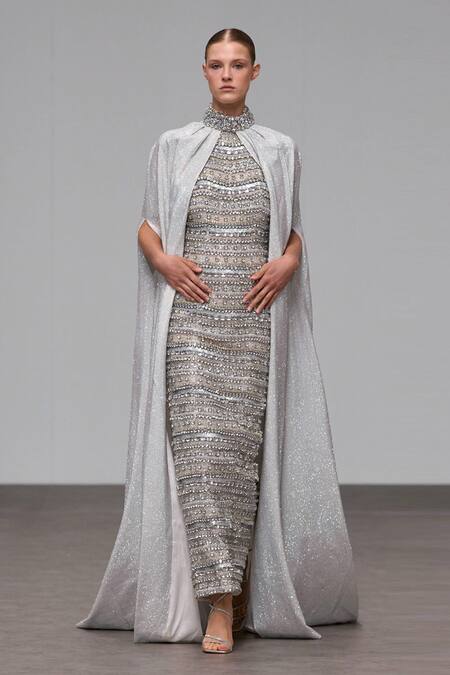 Buy Itrh Silver Net Sequins, Crystals Halter Neck Embroidered Maxi Dress And Cape Online at Aza Fashions Buy_Itrh_Silver Net Sequins, Crystals Halter Neck Embroidered Maxi Dress And Cape _Online_at_Aza_Fashions