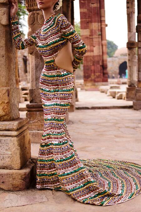 Shop_Itrh_Multi Color Net Stones Round Neck Multicolored Embellished Gown_at_Aza_Fashions