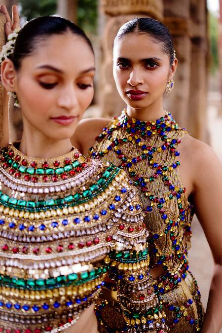 Itrh_Multi Color Net Stones Round Neck Multicolored Embellished Gown_Online_at_Aza_Fashions