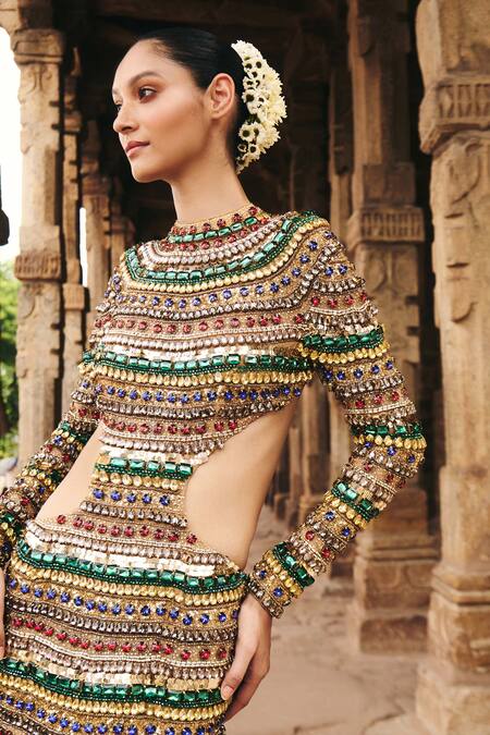Itrh_Multi Color Net Stones Round Neck Multicolored Embellished Gown_at_Aza_Fashions