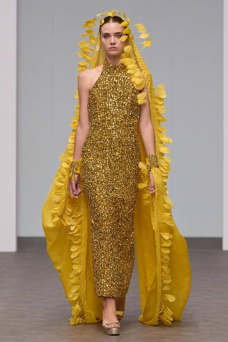 Shop Itrh Gold Viscose, Taffeta Stones High Neck Embellished Maxi Dress With Cape Online at Aza Fashions Shop_Itrh_Gold Viscose, Taffeta Stones High Neck Embellished Maxi Dress With Cape_Online_at_Aza_Fashions