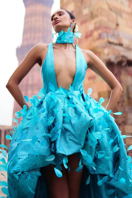 Buy_Itrh_Blue Crepe Feathers Collared Embroidered Trail Dress_Online_at_Aza_Fashions