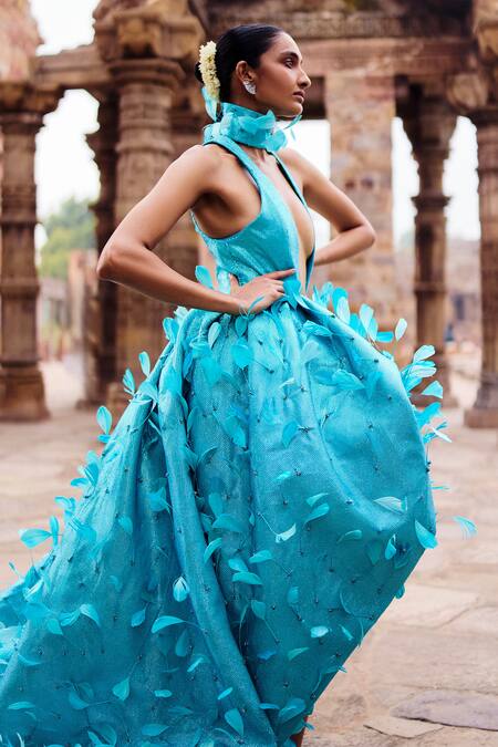 Shop_Itrh_Blue Crepe Feathers Collared Embroidered Trail Dress_Online_at_Aza_Fashions
