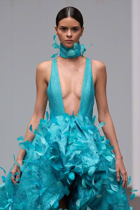 Shop_Itrh_Blue Crepe Feathers Collared Embroidered Trail Dress