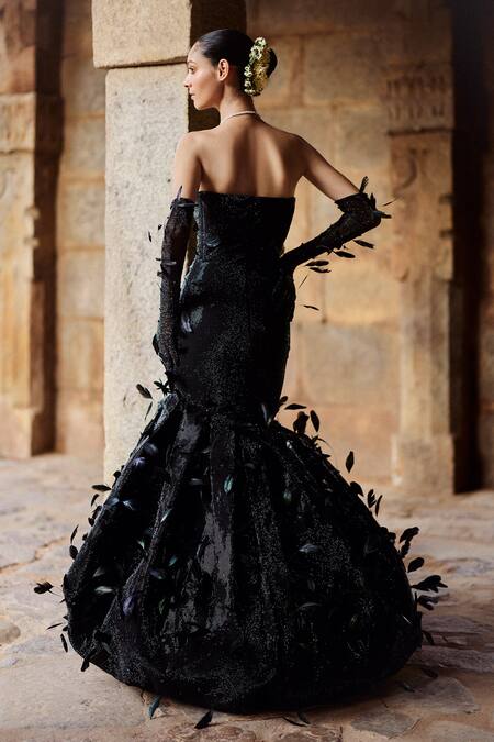 Shop Itrh Black Melon Crepe Embroidered Crytsal Crystal Embellished Feathered Gown at Aza Fashions Shop_Itrh_Black Melon Crepe Embroidered Crytsal Crystal Embellished Feathered Gown_at_Aza_Fashions
