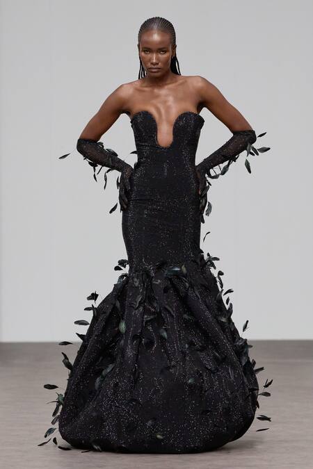 Itrh Black Melon Crepe Embroidered Crytsal Crystal Embellished Feathered Gown Online at Aza Fashions Itrh_Black Melon Crepe Embroidered Crytsal Crystal Embellished Feathered Gown_Online_at_Aza_Fashions